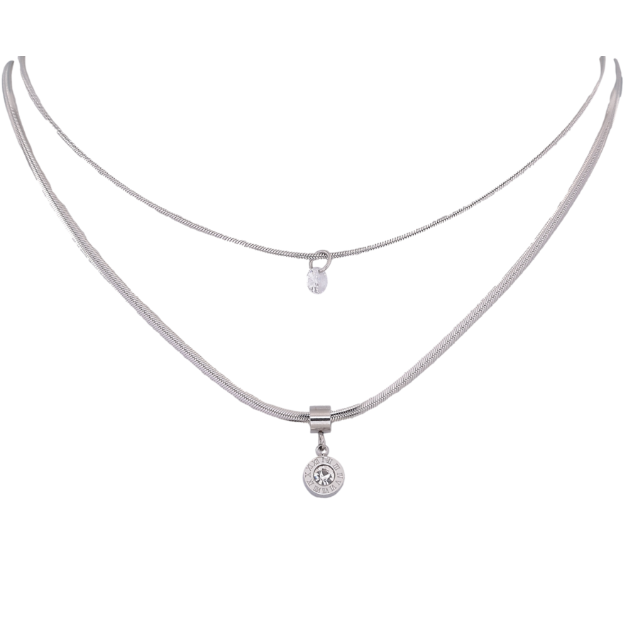 Кольє Xuping ТТМ Stainless Steel колір Родій "Подвійний ланцюжок з циферблатом і кристалом" довжина 41-46см х 3мм фото №1