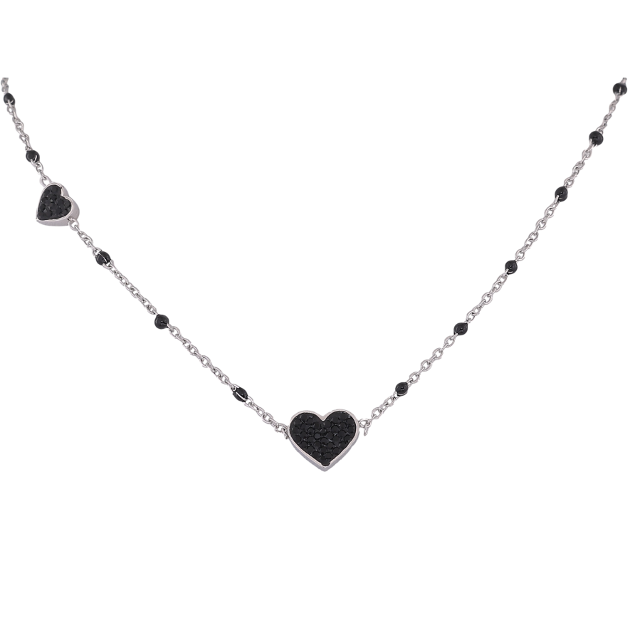 Кольє Xuping ТТМ Stainless Steel колір Родій "Сердечки з чорними кристалами та емаллю" довжина 45-50см х 1.5-8мм фото №1 Кольє Xuping ТТМ Stainless Steel колір Родій "Сердечки з чорними кристалами та емаллю" довжина 45-50см х 1.5-8мм фото №1