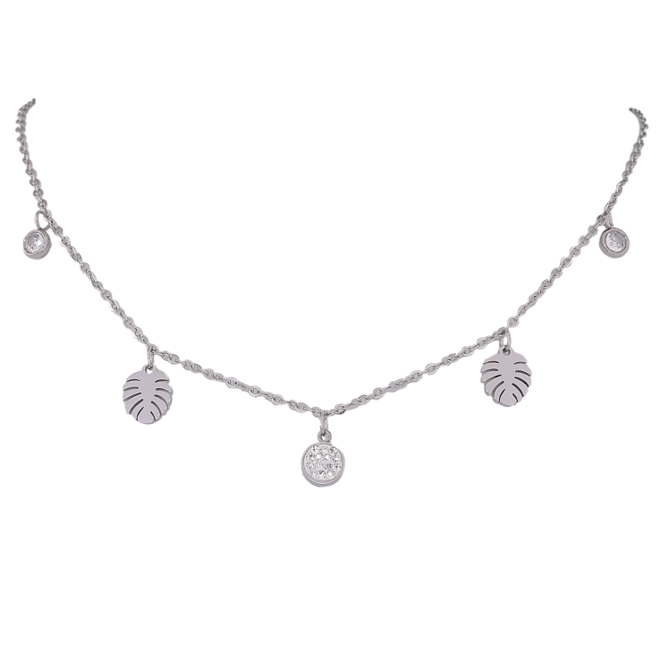 Кольє Xuping ТТМ Stainless Steel колір Родій "Підвіски листочки та кристали" довжина 40-45см х 1.5мм фото №7 Кольє Xuping ТТМ Stainless Steel колір Родій "Підвіски листочки та кристали" довжина 40-45см х 1.5мм фото №7