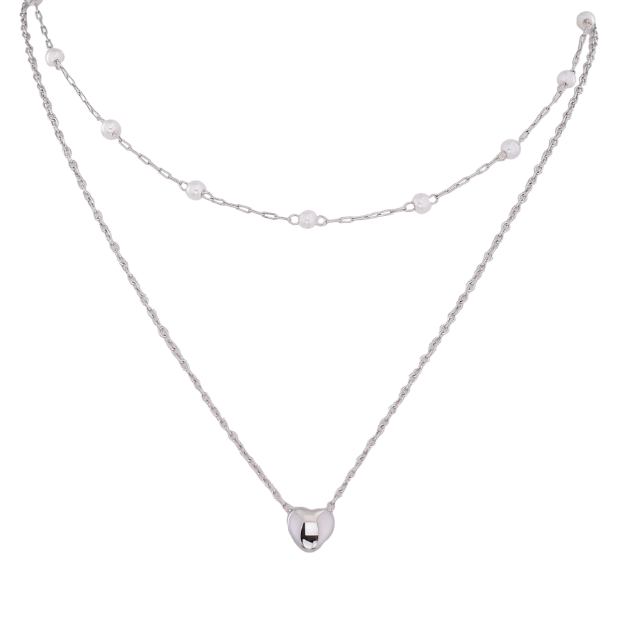 Кольє Xuping ТТМ Stainless Steel колір Родій "Подвійний ланцюжок з перлинними намистами і серцем" довжина 41-46см х 1-4мм фото №1