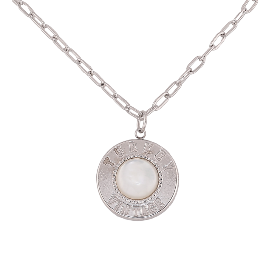 Підвіска на ланцюжку Нержавіюча сталь "Медальйон з написом Turkey vintage та білим кристалом" Довжина 41-46см х 3мм фото №1 Підвіска на ланцюжку Нержавіюча сталь "Медальйон з написом Turkey vintage та білим кристалом" Довжина 41-46см х 3мм фото №1