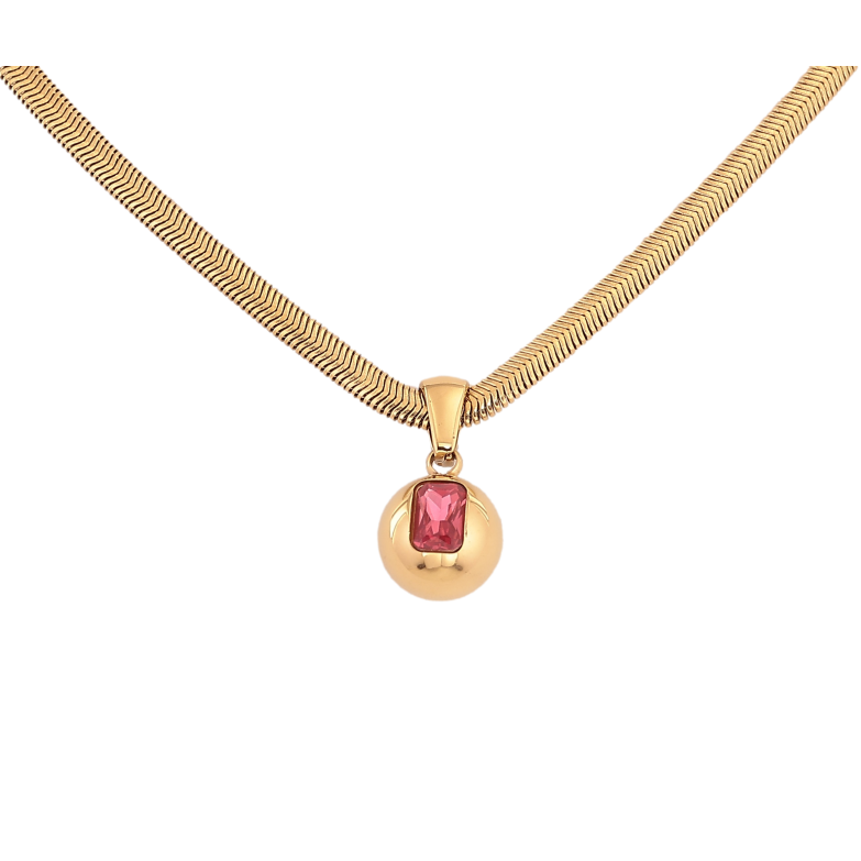 Підвіска на ланцюжку Нержавіюча сталь "Куля з рожевим кристалом" довжина 41-46см х 3мм фото №1