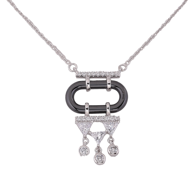 Підвіска на ланцюжку Xuping колір Родій "Кристальні підвіски на чорному керамічному кільці" розмір 48-53см х 1мм фото №1 Підвіска на ланцюжку Xuping колір Родій "Кристальні підвіски на чорному керамічному кільці" розмір 48-53см х 1мм фото №1