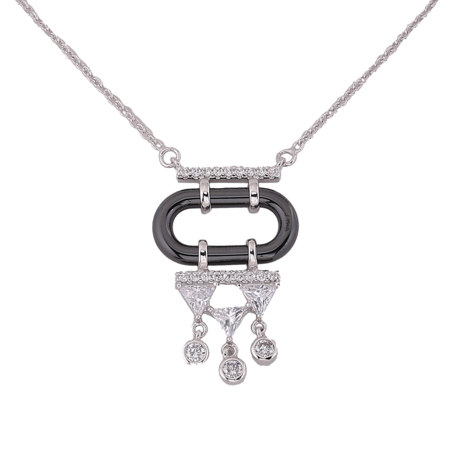 Підвіска на ланцюжку Xuping колір Родій "Кристальні підвіски на чорному керамічному кільці" розмір 48-53см х 1мм фото №1 Підвіска на ланцюжку Xuping колір Родій "Кристальні підвіски на чорному керамічному кільці" розмір 48-53см х 1мм фото №1