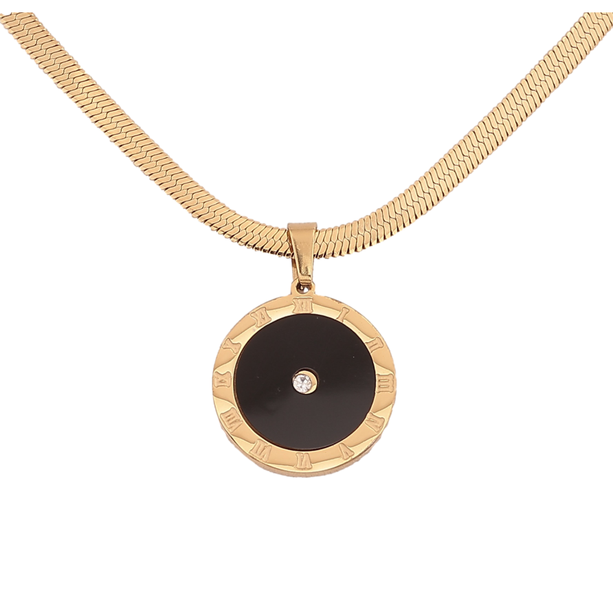 Підвіска на ланцюжку Xuping ТТМ Stainless Steel колір 14К "Циферблат з чорною вставкою та кристалом" довжина 40-45см х 3мм фото №1