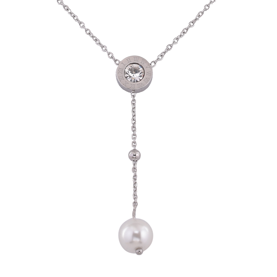 Підвіска на ланцюжку Xuping ТТМ Stainless Steel колір Родій "Циферблат з кристалом та перловою підвіскою" довжина 45-50см х 1.5мм фото №1