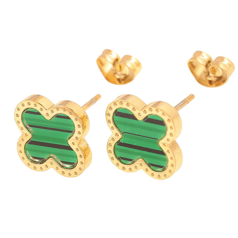 Серьги Нержавеющая сталь пусеты "Клевер с зелеными вставками" 10х10мм фото №1