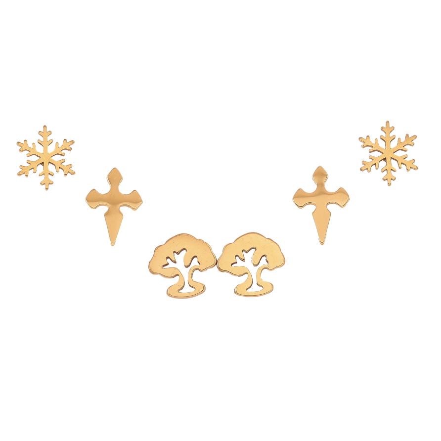 Сережки Набір (3 пари) Xuping TTM Stainless Steel колір 14К пусети "Сніжинки, хрестики та дерева" фото №1