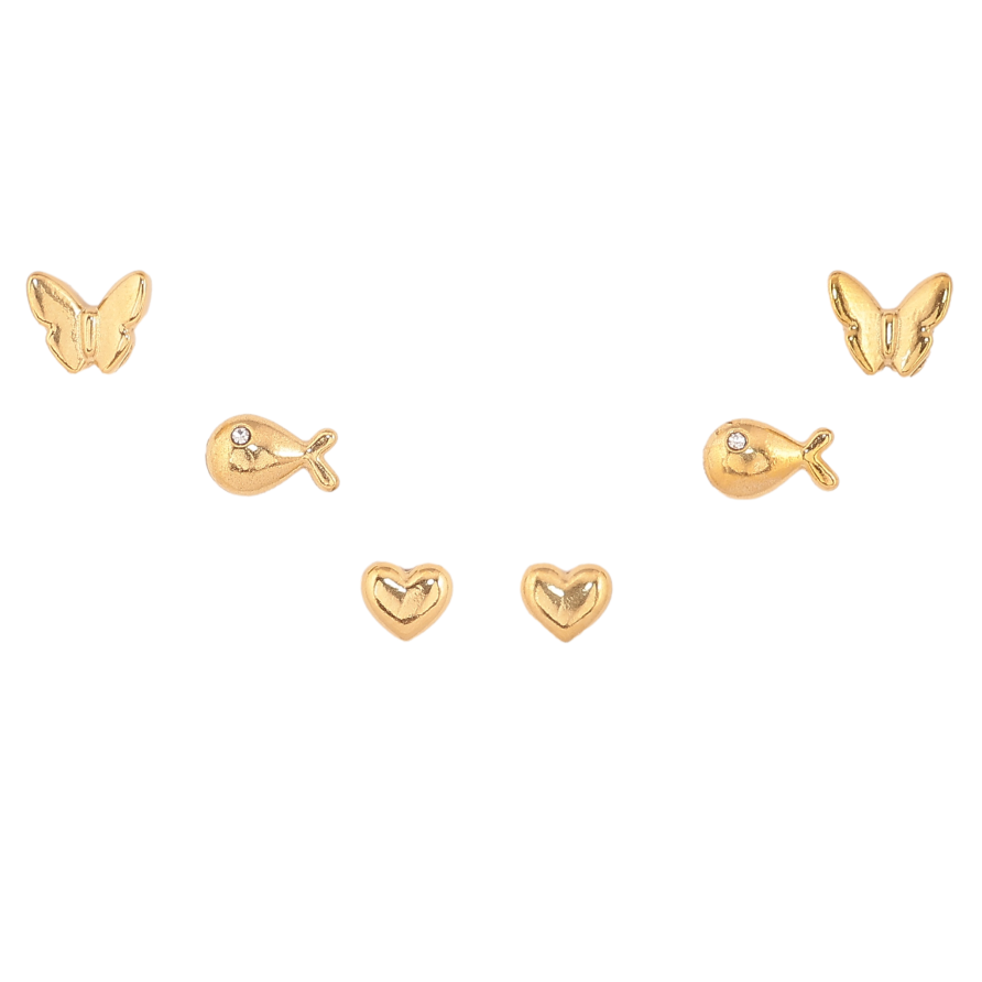 Сережки Набір (3 пари) Xuping TTM Stainless Steel колір 14К пусети "Метелики, рибки та серця" фото №1
