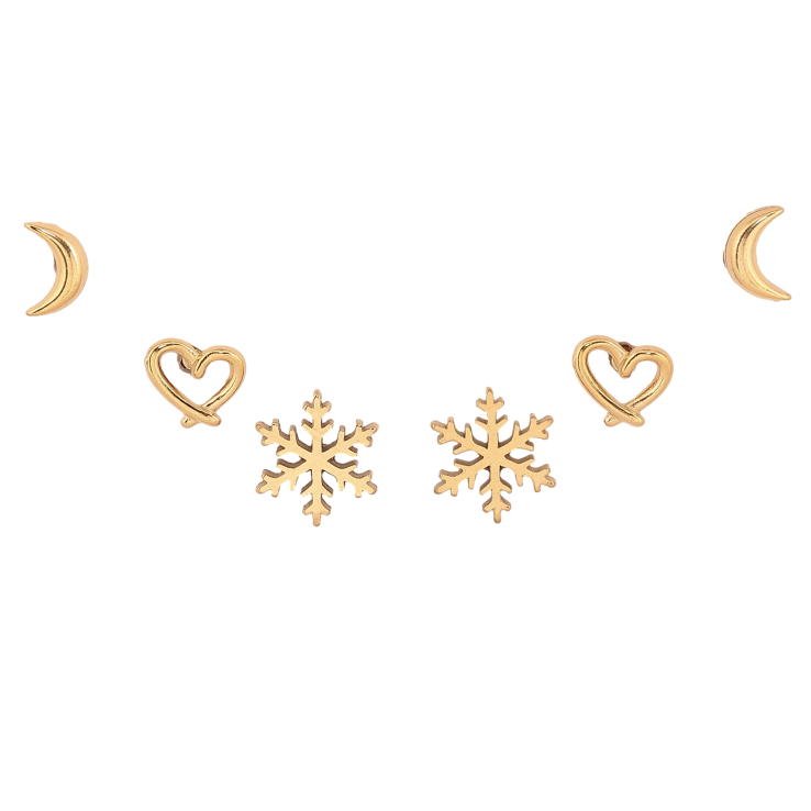 Сережки Набір (3 пари) Xuping TTM Stainless Steel колір 14К пусети "Місяць, серця та сніжинки" фото №14