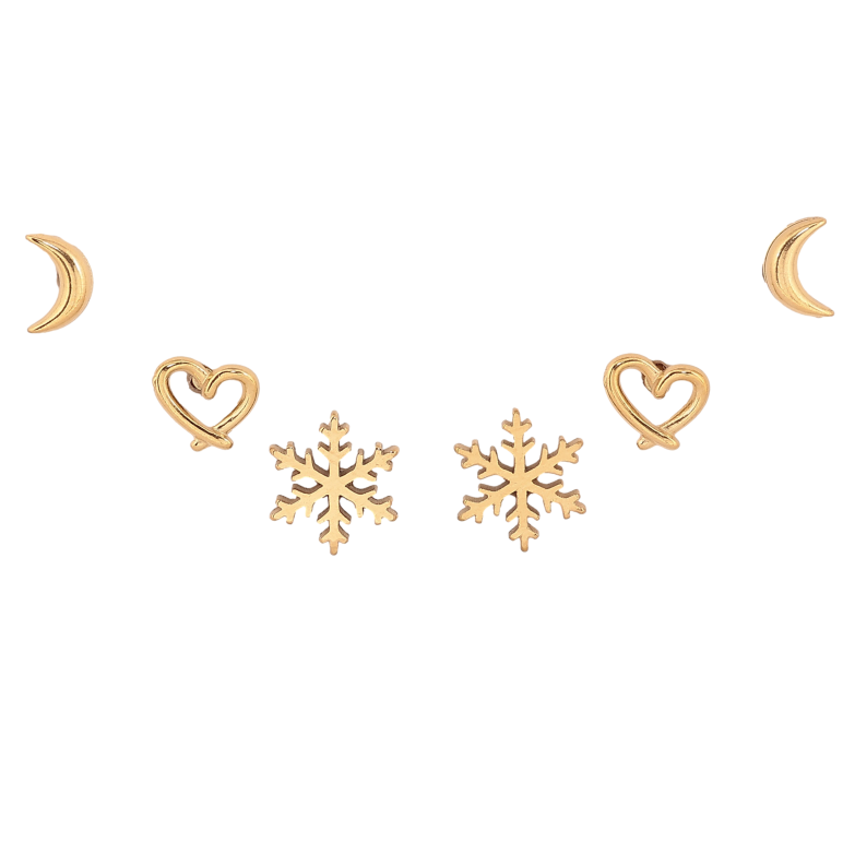 Сережки Набір (3 пари) Xuping TTM Stainless Steel колір 14К пусети "Місяць, серця та сніжинки" фото №1