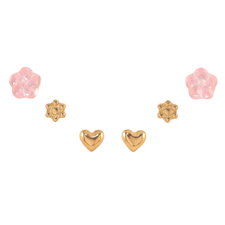 Серьги Набор (3 пары) Xuping TTM Stainless Steel цвет 14К пусеты "Цветочки и сердечки" фото №16