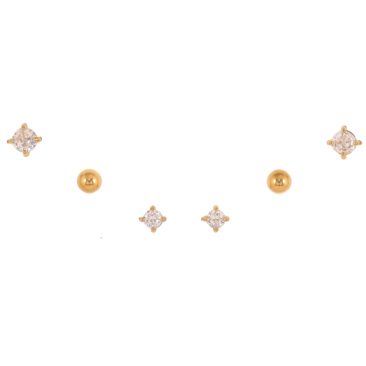 Серьги Набор (3 пары) Xuping TTM Stainless Steel цвет 14К пусеты "Два кристалла и шарик" ø 4мм, 4мм, 3мм фото №10