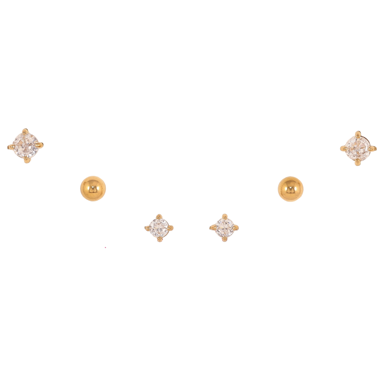 Сережки Набір (3 пари) Xuping TTM Stainless Steel колір 14К пусети "Два кристали та кулька" ø 4мм, 4мм, 3мм фото №1