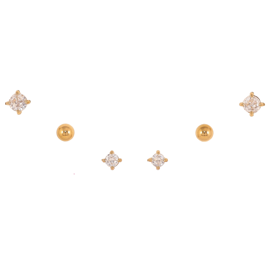 Серьги Набор (3 пары) Xuping TTM Stainless Steel цвет 14К пусеты "Два кристалла и шарик" ø 4мм, 4мм, 3мм фото №1