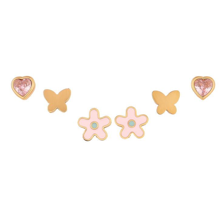 Сережки Набір (3 пари) Xuping TTM Stainless Steel колір 14К пусети "Рожеві кристальні сердечка, метелики та квіточки" фото №8