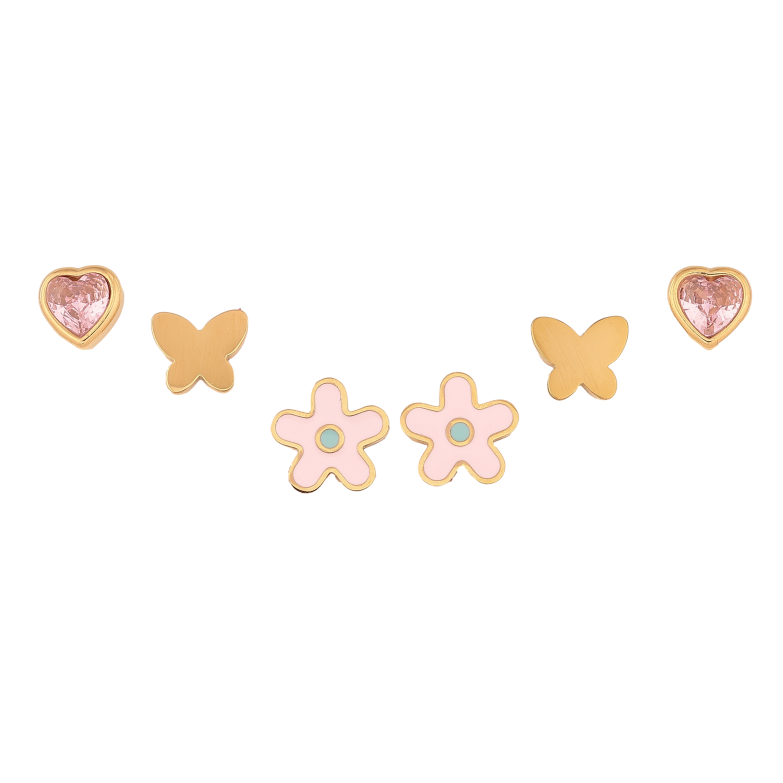 Сережки Набір (3 пари) Xuping TTM Stainless Steel колір 14К пусети "Рожеві кристальні сердечка, метелики та квіточки" фото №1