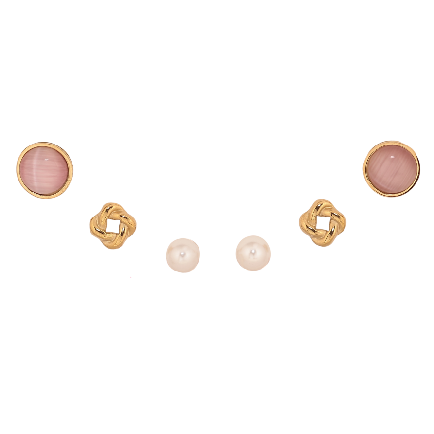 Серьги Набор (3 пары) Xuping TTM Stainless Steel цвет 14К пусеты "Кристаллы, цветочки и жемчужины" ø 5мм, 8мм фото №1