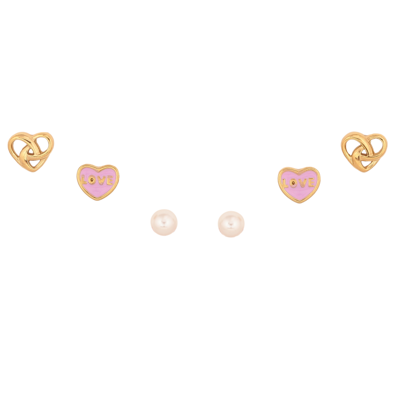 Сережки Набір (3 пари) Xuping TTM Stainless Steel колір 14К пусети "Сердечки з перлинами" ø 4мм фото №1