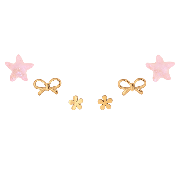 Сережки Набір (3 пари) Xuping TTM Stainless Steel колір 14К пусети "Рожеві зірки, банти та квіточки" фото №4