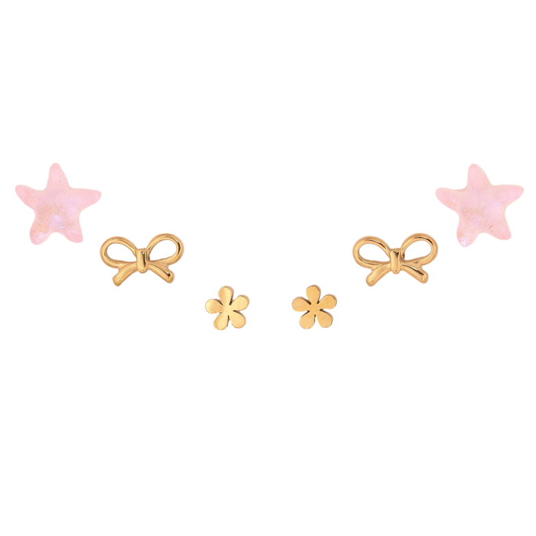 Серьги Набор (3 пары) Xuping TTM Stainless Steel цвет 14К пусеты "Розовые звезды, банты и цветочки" фото №1