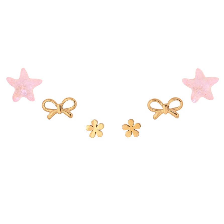 Сережки Набір (3 пари) Xuping TTM Stainless Steel колір 14К пусети "Рожеві зірки, банти та квіточки" фото №1