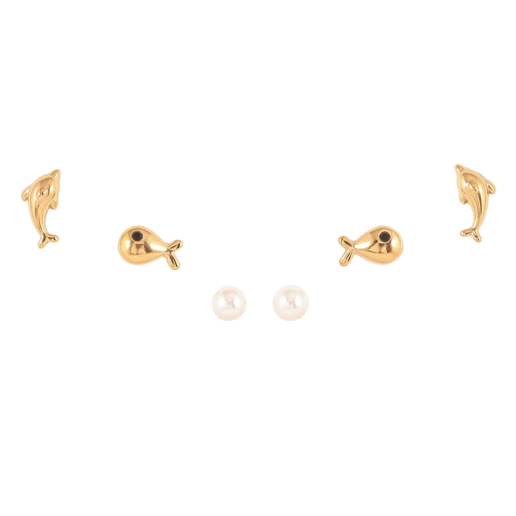 Сережки Набір (3 пари) Xuping TTM Stainless Steel колір 14К пусети "Рибки та перлини" ø 4мм фото №3