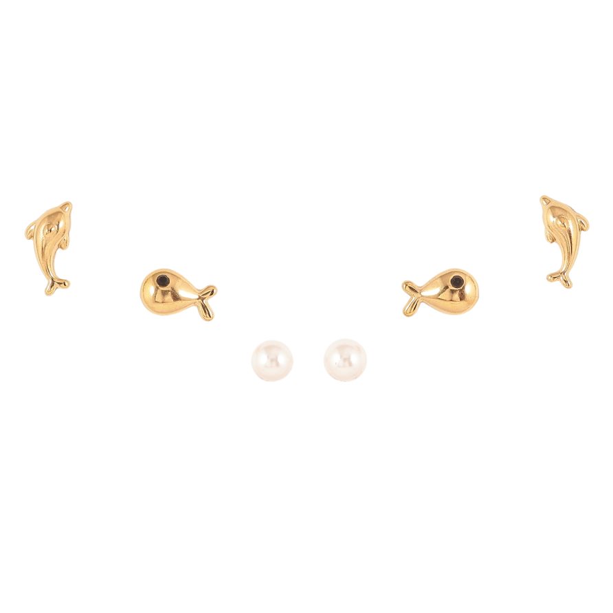 Сережки Набір (3 пари) Xuping TTM Stainless Steel колір 14К пусети "Рибки та перлини" ø 4мм фото №1