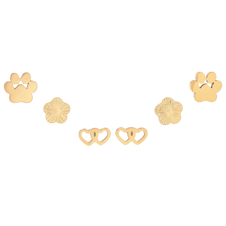 Сережки Набір (3 пари) Xuping TTM Stainless Steel колір 14К пусети "Лапки, квіточки та серця" фото №6