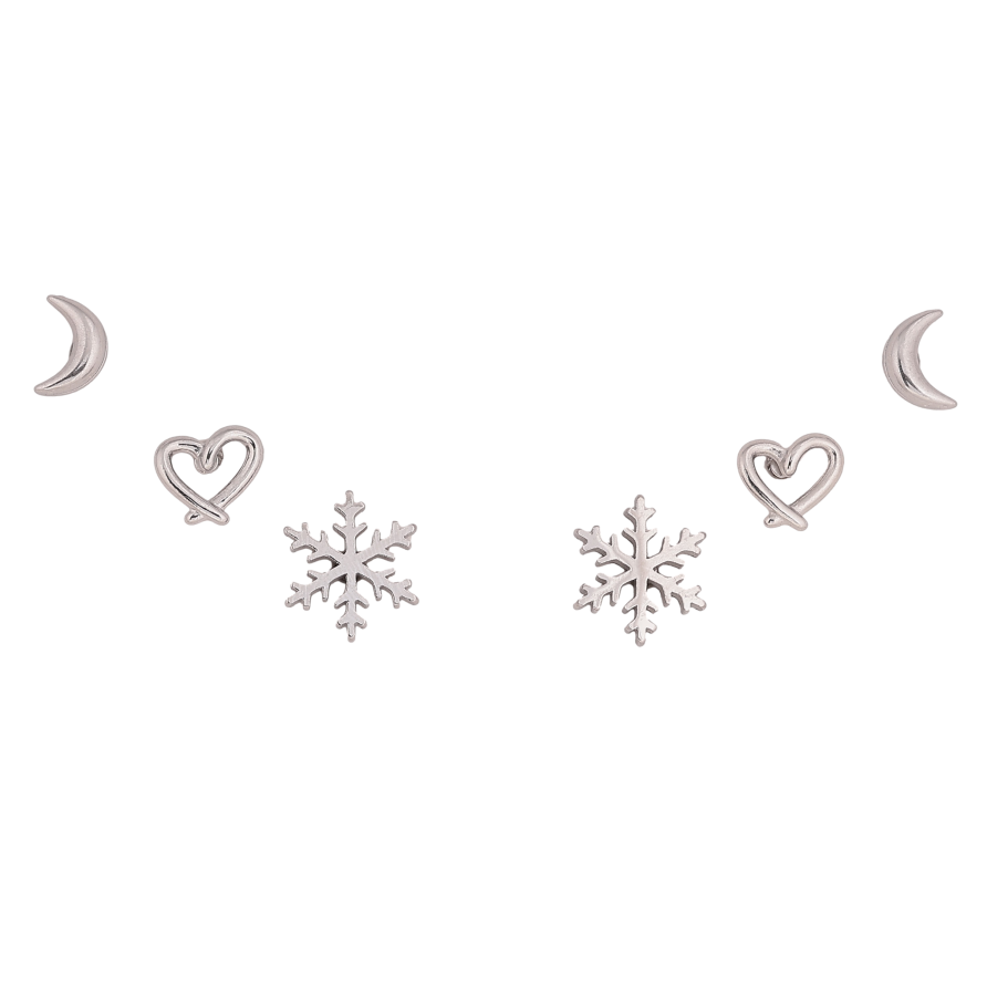 Серьги Набор (3 пары) Xuping TTM Stainless Steel цвет Родий пусеты "Луна, сердечки и снежинки" фото №1