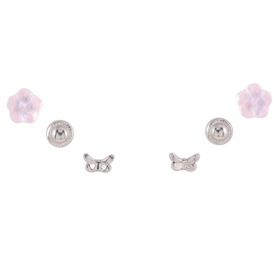 Сережки Набір (3 пари) Xuping TTM Stainless Steel колір Родій пусети "Квіточки, кола та метелики" ø 6мм фото №1