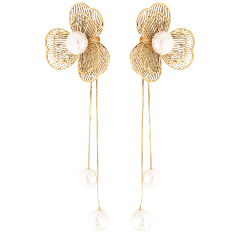 Сережки Нержавіюча сталь пусети "Квіткові підвіски з перлинами" фото №1