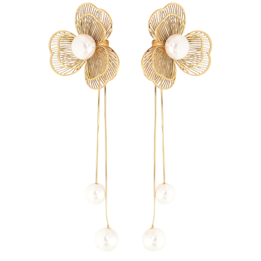 Серьги Нержавеющая сталь пусеты "Цветочные подвески с жемчужинами" фото №1