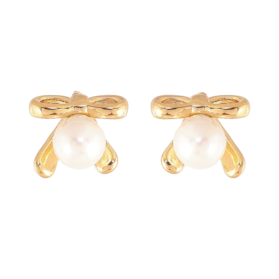 Сережки Нержавіюча сталь пусети "Банти з перлинами" фото №1 Сережки Нержавіюча сталь пусети "Банти з перлинами" фото №1