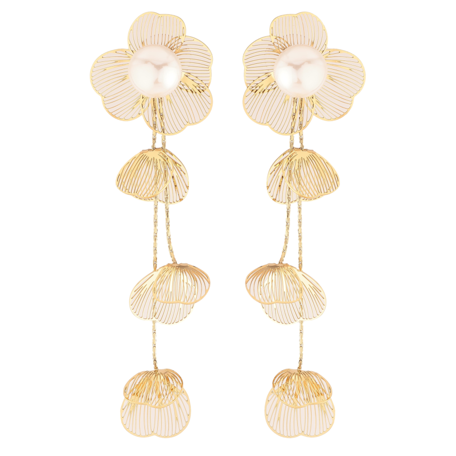 Сережки Нержавіюча сталь пусети "Квіткові підвіски з перлинами" фото №1 Сережки Нержавіюча сталь пусети "Квіткові підвіски з перлинами" фото №1