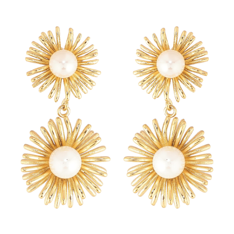 Сережки Нержавіюча сталь пусети "Квіткові підвіски з перлинами" фото №1 Сережки Нержавіюча сталь пусети "Квіткові підвіски з перлинами" фото №1