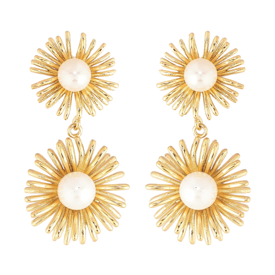 Сережки Нержавіюча сталь пусети "Квіткові підвіски з перлинами" фото №1 Сережки Нержавіюча сталь пусети "Квіткові підвіски з перлинами" фото №1