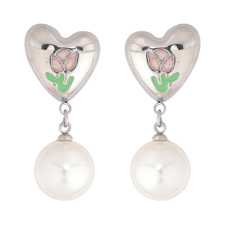 Сережки Нержавіюча сталь пусети "Сердечки з квітковим візерунком та перлинними підвісками" фото №13