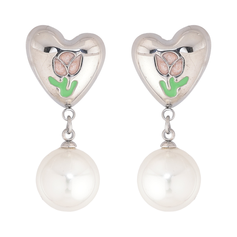 Серьги Нержавеющая сталь пусеты "Сердечки с цветочным узором и жемчужными подвесками" фото №4