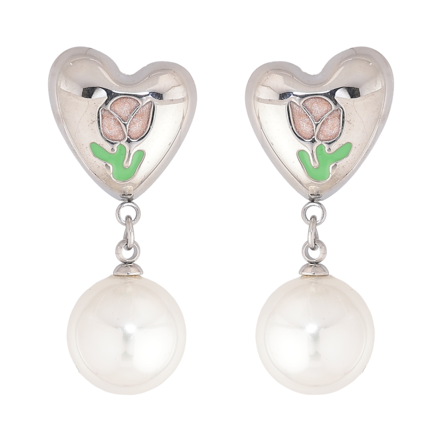 Сережки Нержавіюча сталь пусети "Сердечки з квітковим візерунком та перлинними підвісками" фото №1