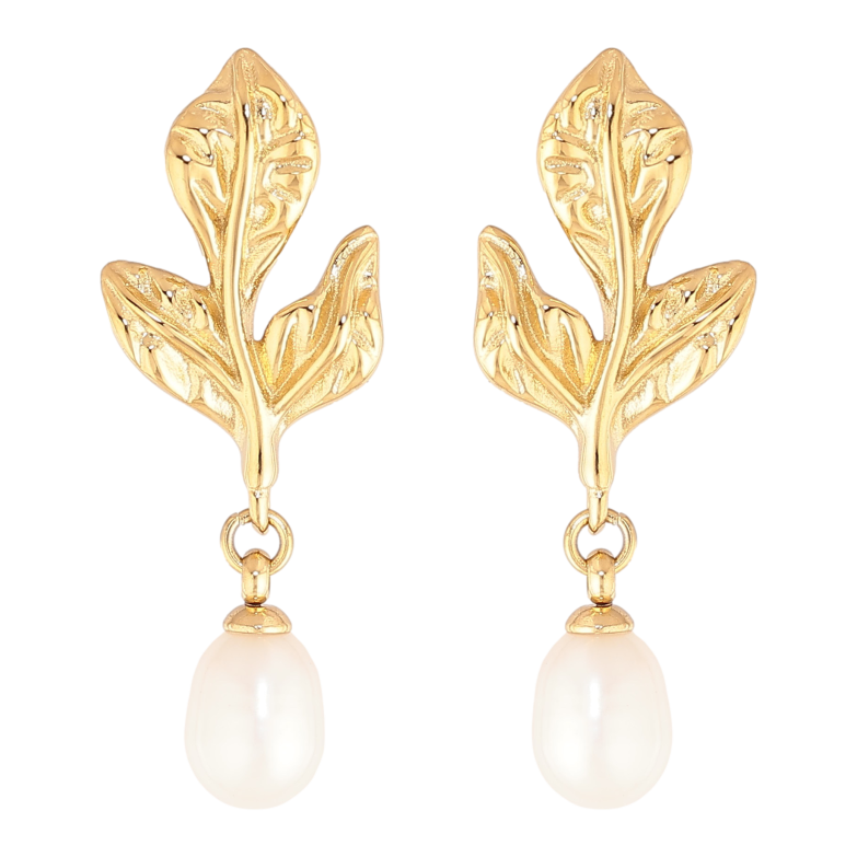 Сережки Нержавіюча сталь пусети "Листики з перлинними підвісками" фото №1