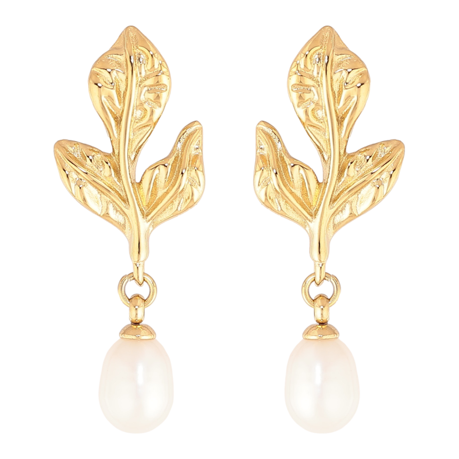 Серьги Нержавеющая сталь пусеты "Листики с жемчужными подвесками" фото №1