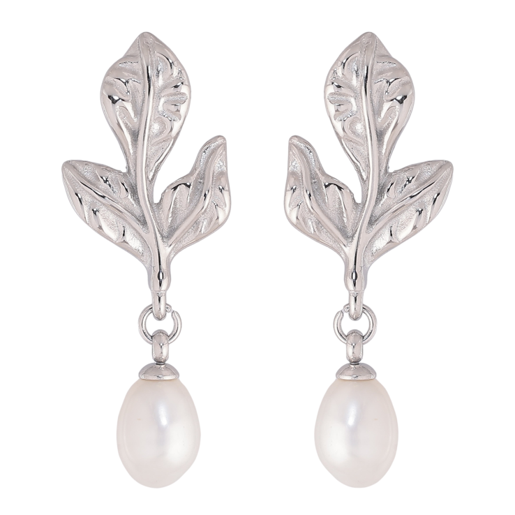 Сережки Нержавіюча сталь пусети "Листочки з перлинами" фото №5