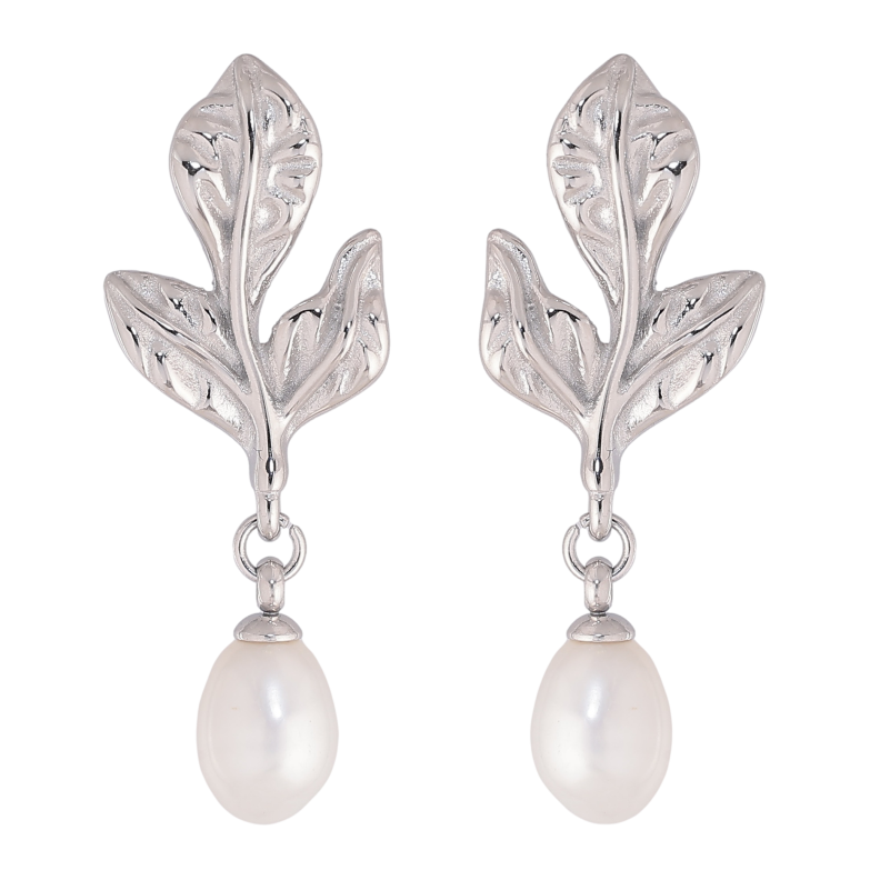 Серьги Нержавеющая сталь пусеты "Листики с жемчужинами" фото №1