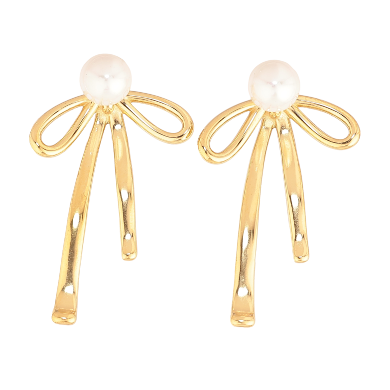 Серьги Нержавеющая сталь пусеты "Жемчужины с бантами" 2 в 1, ø 6мм фото №1