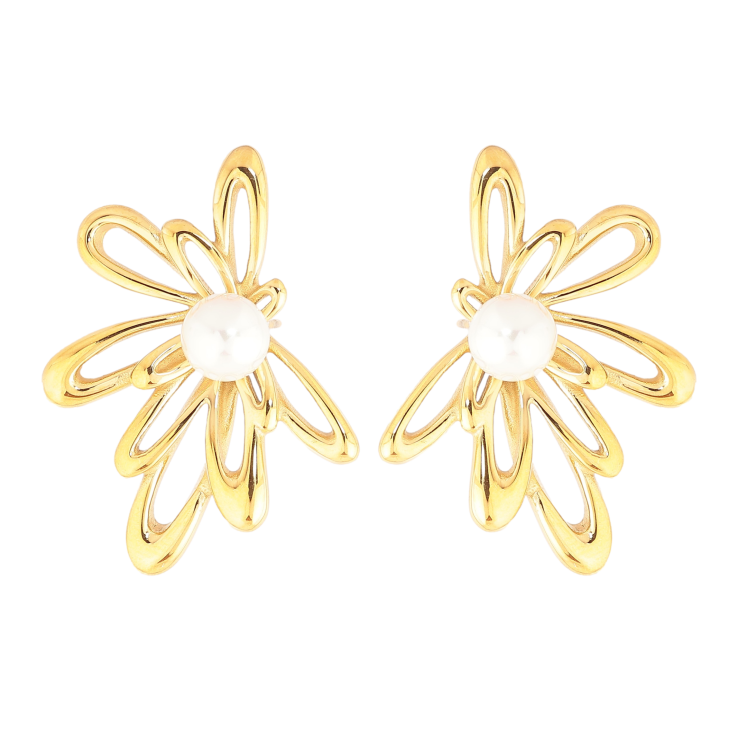 Сережки Нержавіюча сталь пусети "Квіточки з перлинами" фото №7