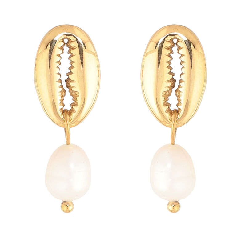 Сережки Нержавіюча сталь пусети "Мушля каурі з перлинами" фото №1 Сережки Нержавіюча сталь пусети "Мушля каурі з перлинами" фото №1