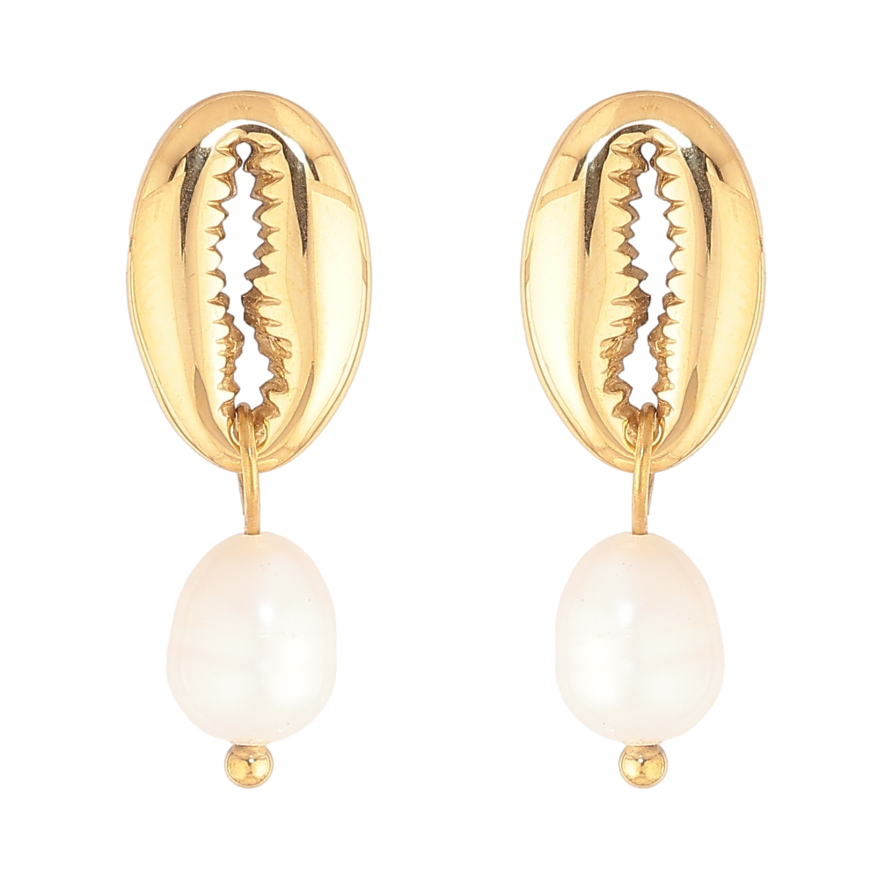 Сережки Нержавіюча сталь пусети "Мушля каурі з перлинами" фото №1 Сережки Нержавіюча сталь пусети "Мушля каурі з перлинами" фото №1