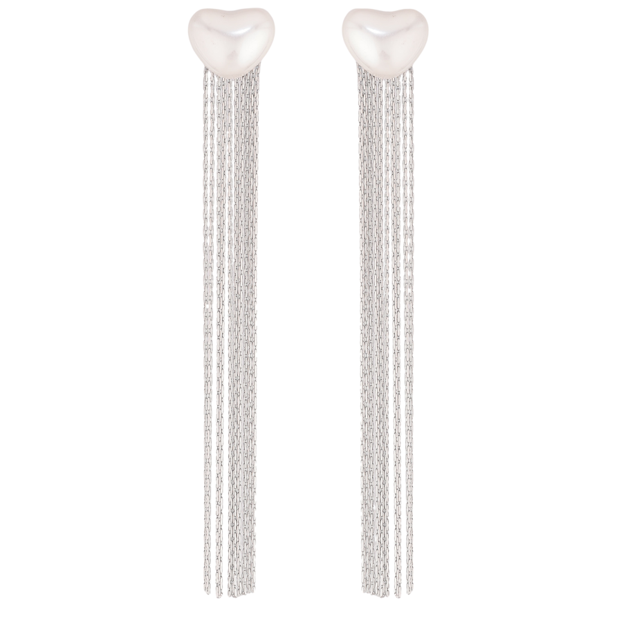 Серьги Нержавеющая сталь пусеты "Жемчужные сердечки с подвесками" фото №1