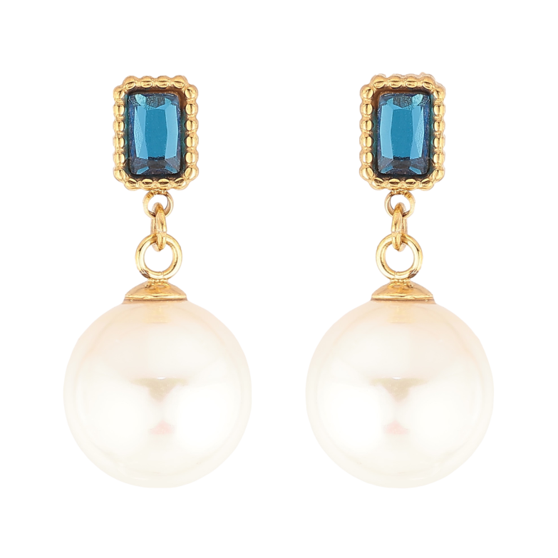 Сережки Нержавіюча сталь пусети "Перлинні підвіски з синіми кристалами" фото №1